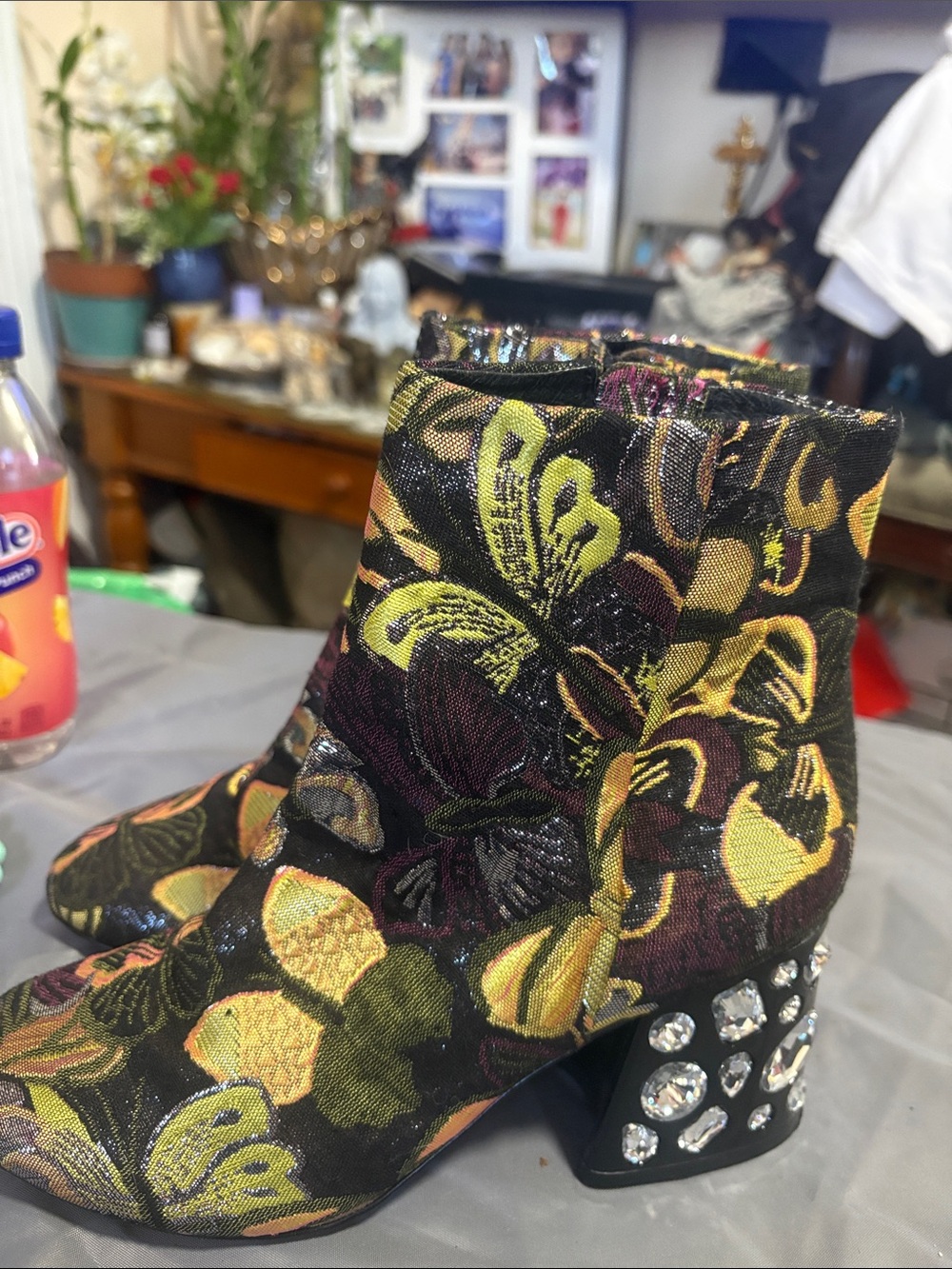 Kenneth Cole Embroidered Floral Brocade Ankle Boots in Black, Gold & Green